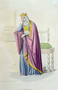 Portrét královny Brunhildy († 613) ilustrace z „Le Plutarque Francais“ od E. Mennecheta, rytina Gaitte, 1841